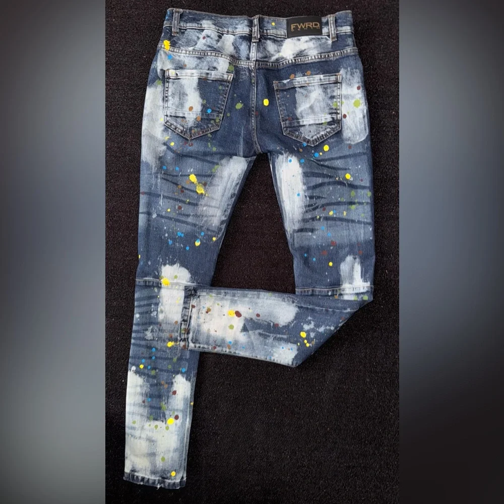 FWRD  Men’s Denim Set Bleached Splattered Paint Denim Jean Jacket W/ Pants
